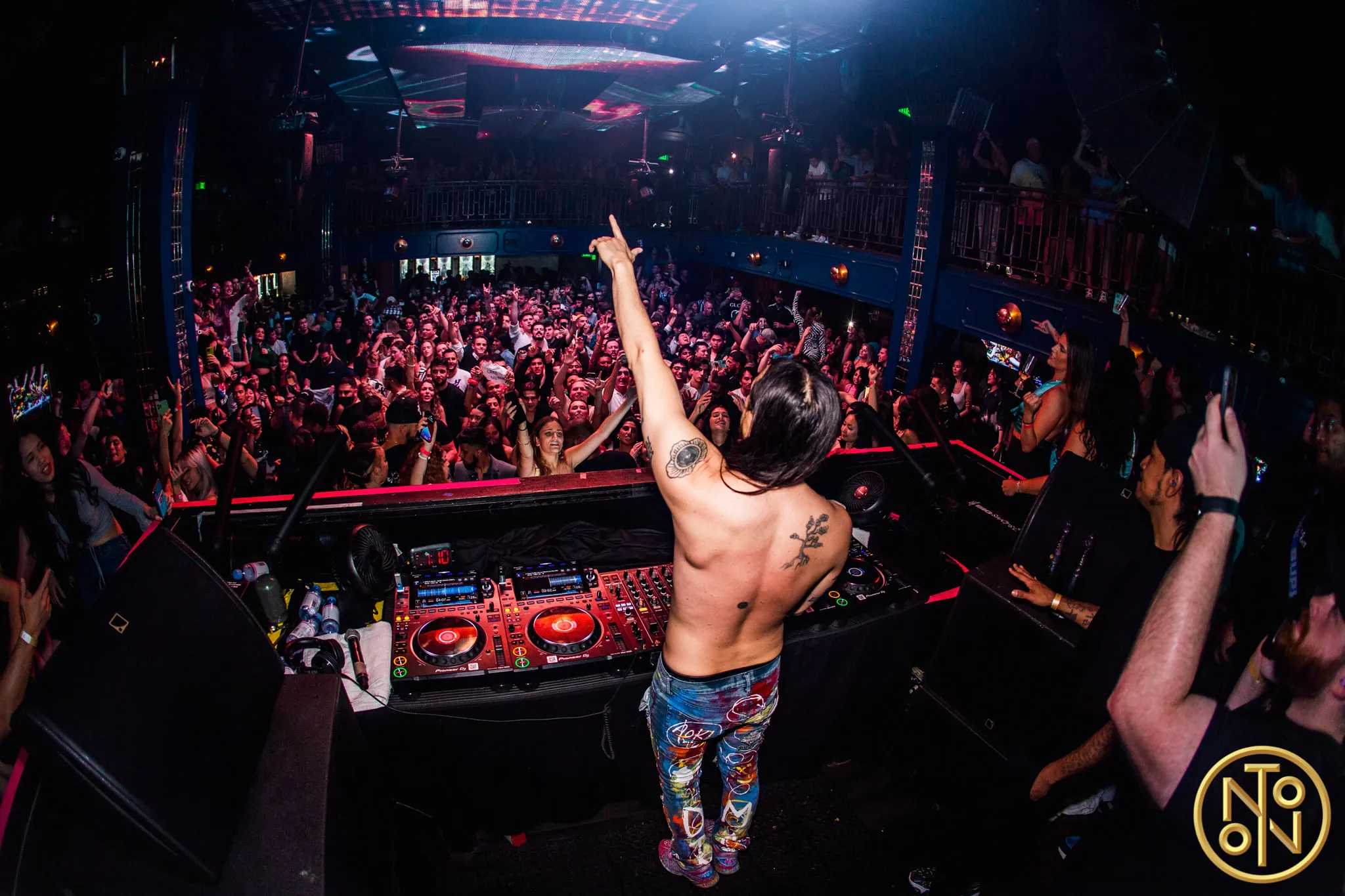 Shirtless DJ with tattoos playing music and raising one arm to an enthusiastic crowd at a nightclub.