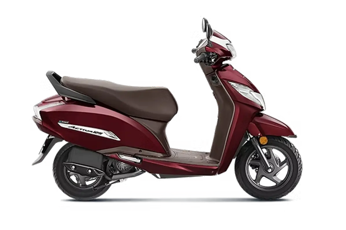 Maroon Honda Activa 125 scooter with a brown seat on a white background.