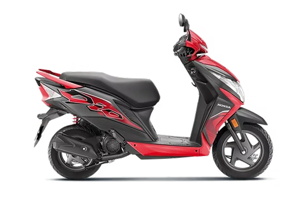 Maroon Honda Activa 125 scooter with a brown seat on a white background.