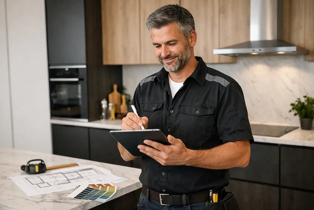 Un homme souriant en chemise noire utilise une tablette dans une cuisine moderne avec plans, nuancier et mètre ruban sur le comptoir en marbre.
