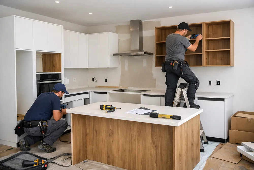 Deux ouvriers installant des armoires et des meubles dans une cuisine en rénovation avec une île centrale en bois clair.