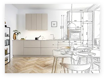 Cuisine moderne beige avec une partie esquissée montrant les dimensions et le design architectural.