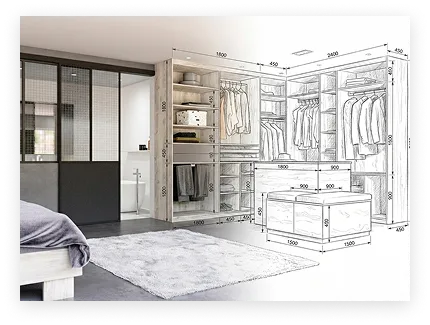 Coin dressing avec une esquisse technique de placard surplombant un tapis gris dans une chambre moderne.