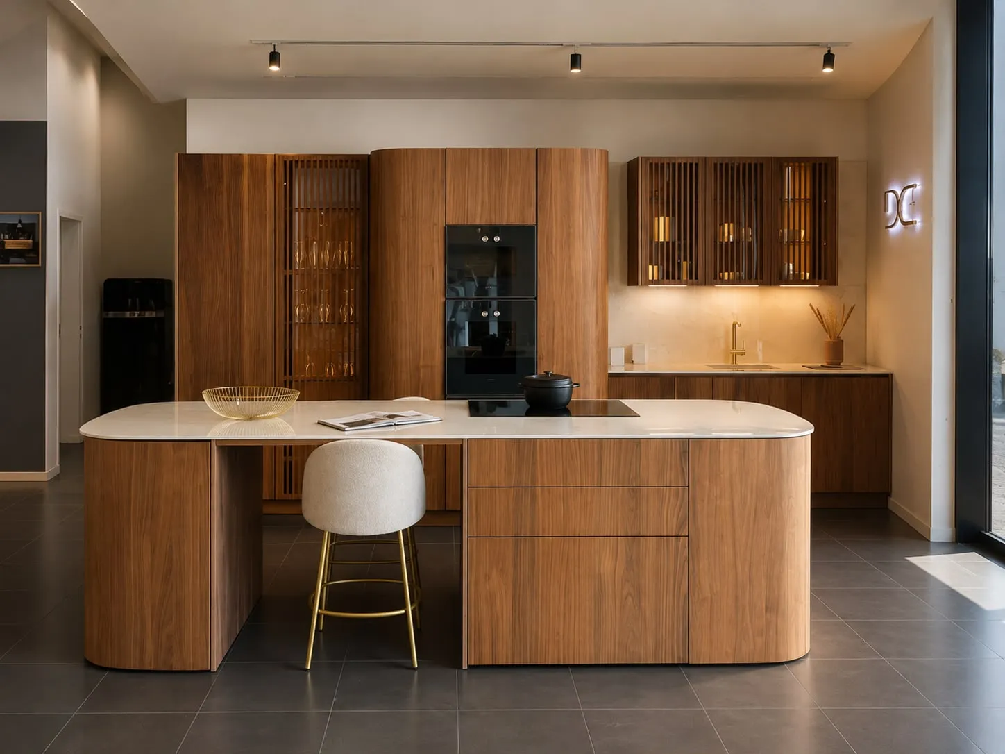 Cuisine moderne avec îlot en bois, plan de travail blanc, une chaise et électroménagers intégrés.