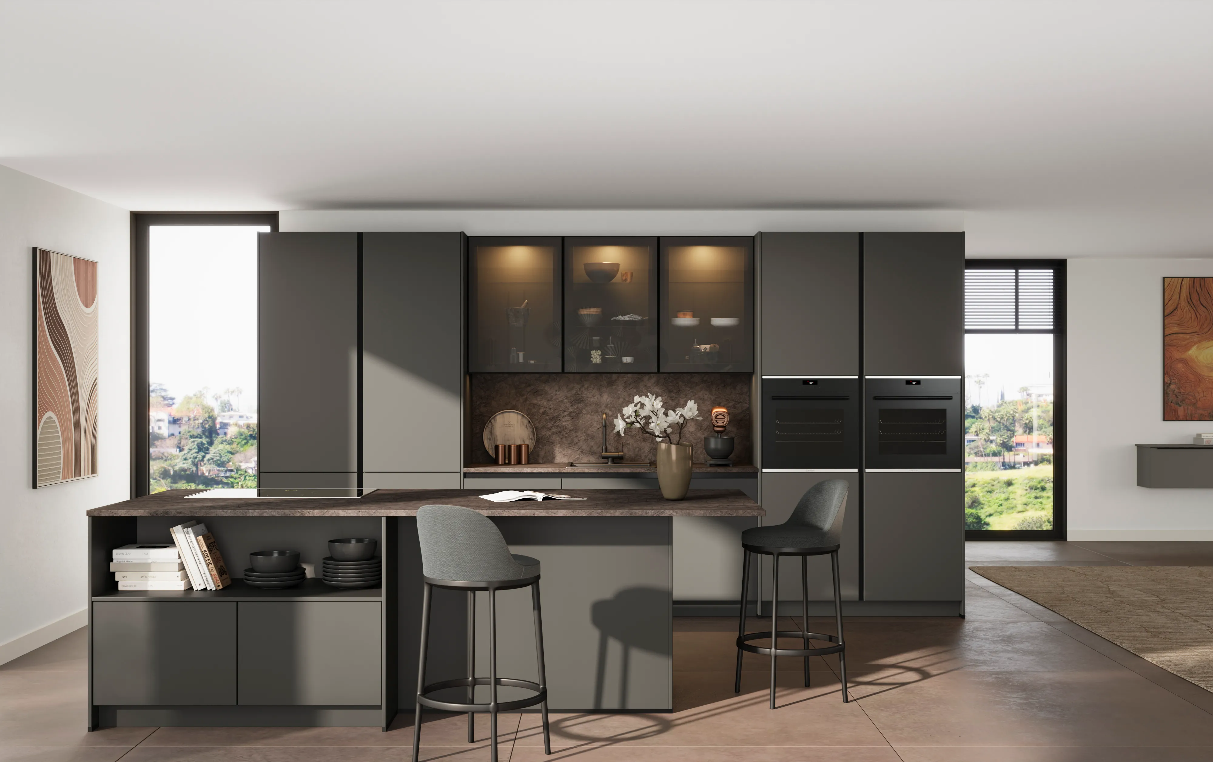 Cuisine moderne gris foncé avec îlot central, tabourets, fleurs et électroménagers intégrés.