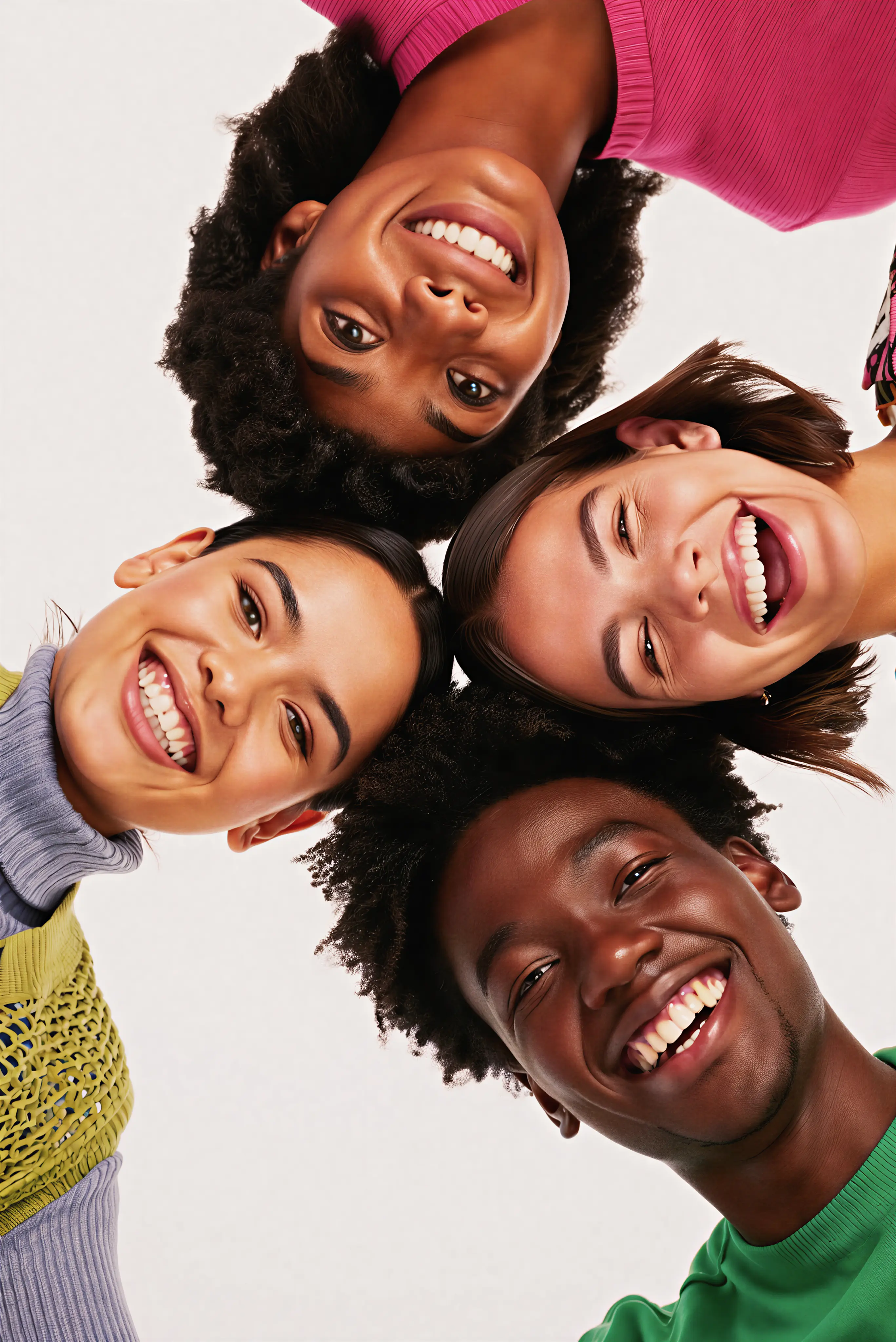 Diverse group of four young adults smiling and looking down at the camera against a white background.