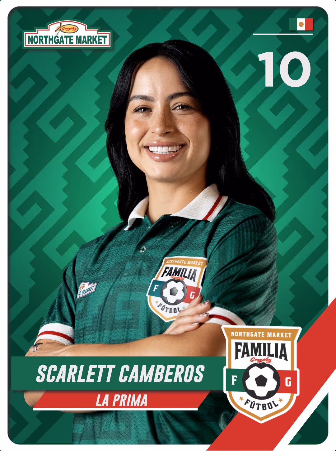 Portrait of Scarlett Camberos in green Familia Futbol jersey with arms crossed, smiling against a green patterned background with the Mexican flag and number 10.