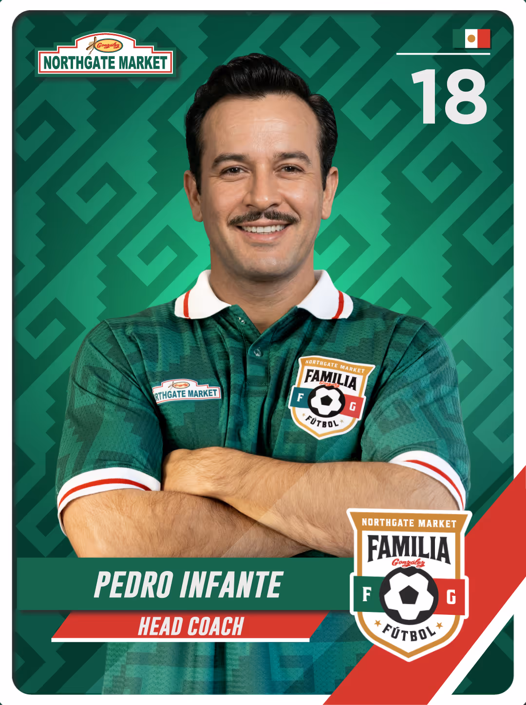 Portrait of Pedro Infante smiling with folded arms wearing a green Familia Fútbol head coach jersey on a patterned green background.