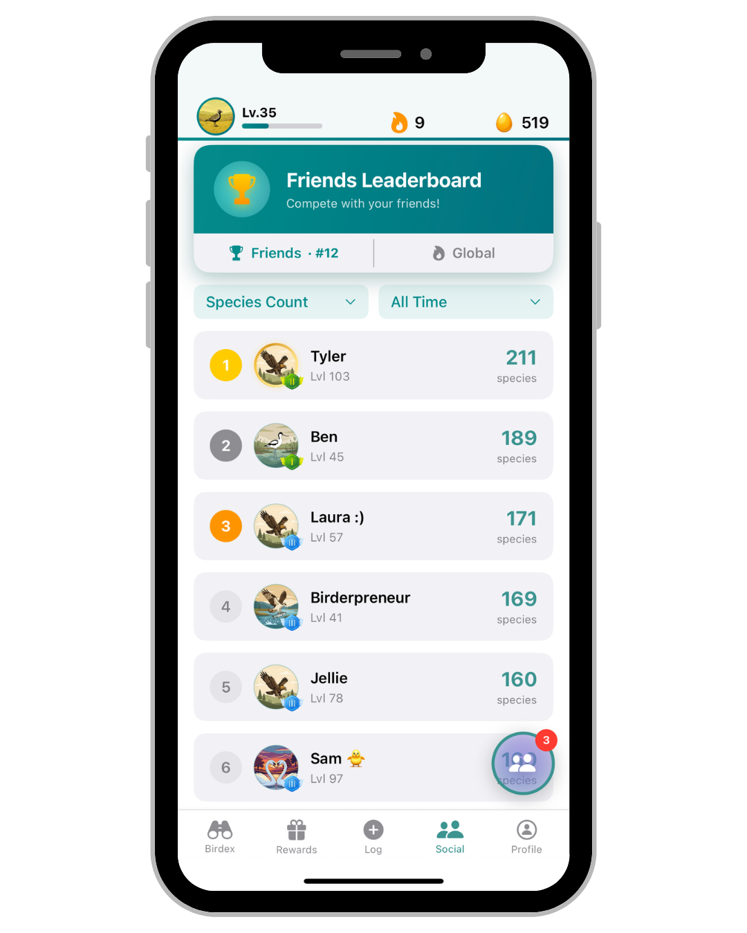 Birdex friends leaderboard interface
