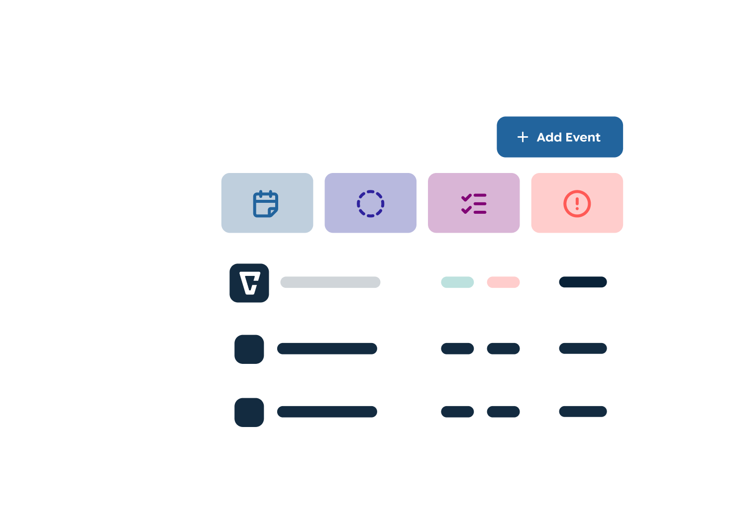 User interface showing a white dashboard with four icon buttons labeled calendar, circle, checklist, and alert, and a blue Add Event button on the top right.