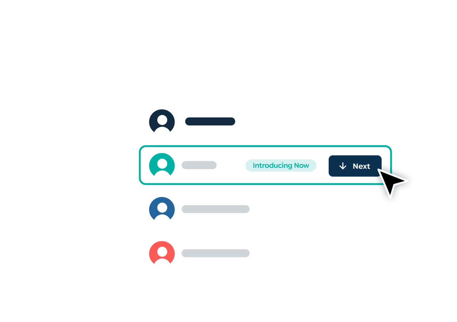 User interface showing a highlighted profile with a teal avatar and the label 'Introducing Now' next to a dark blue 'Next' button being clicked.