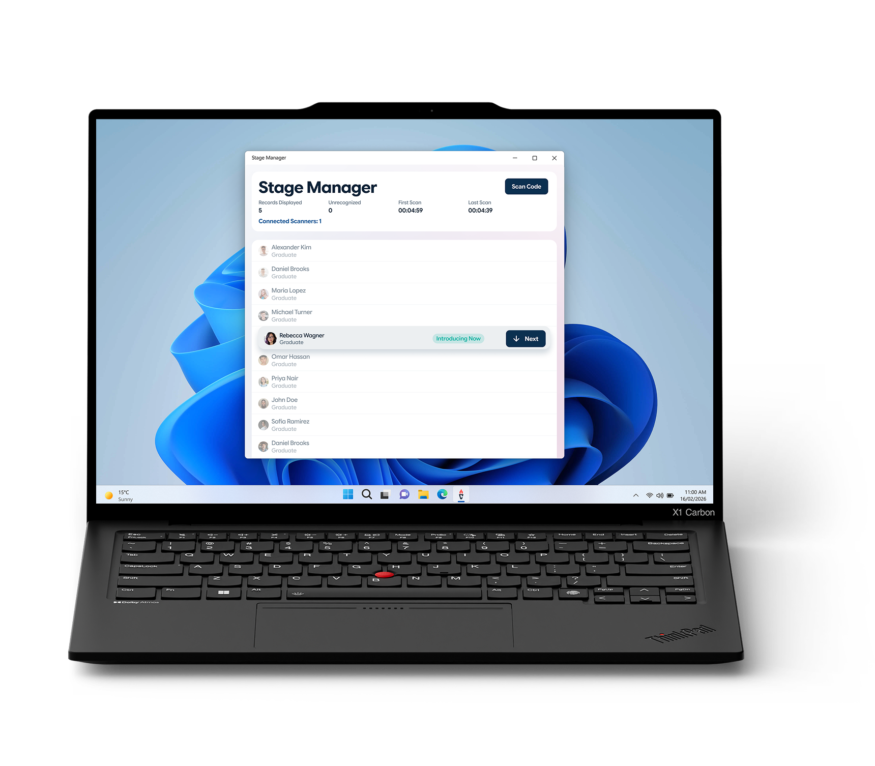 Lenovo ThinkPad X1 Carbon laptop displaying a Windows application named Stage Manager with a list of graduates and a highlighted entry for Rebecca Wagner.