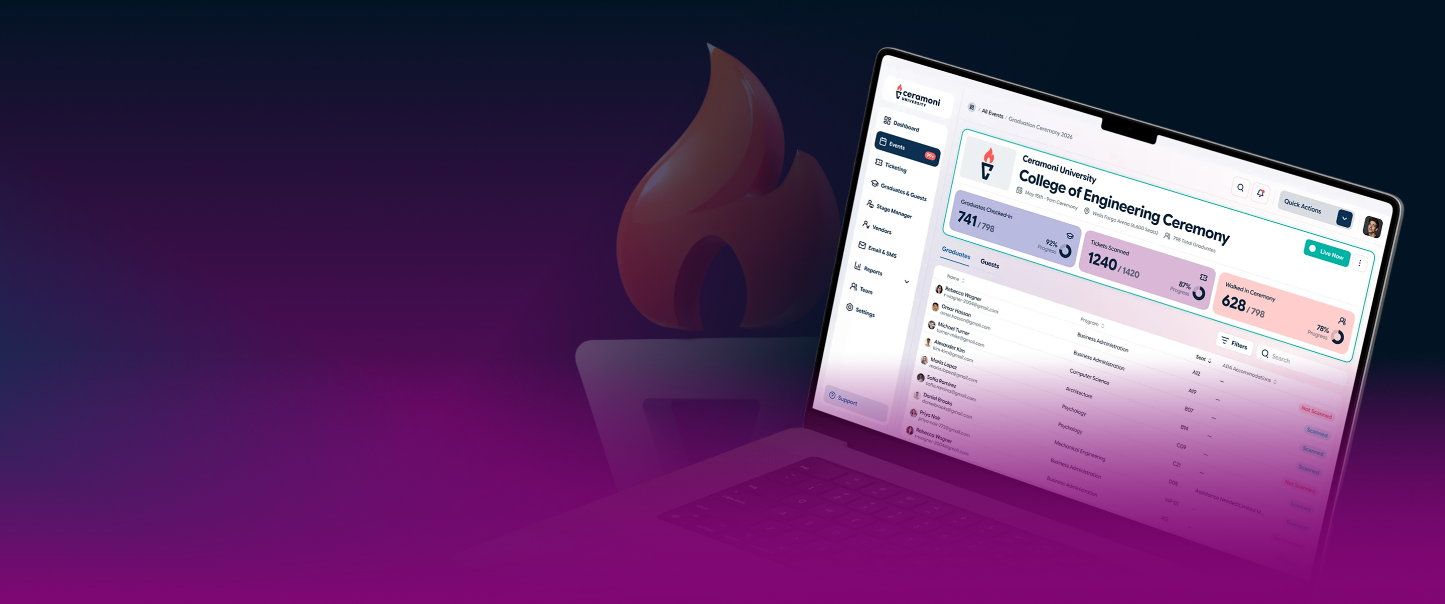 Laptop screen displaying Ceramoni University College of Engineering Ceremony event dashboard with graduate check-in and ticket scanning progress.