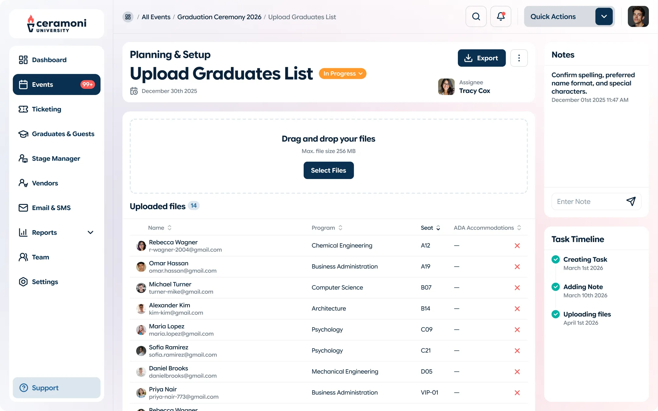 Ceramoni University event dashboard showing the 'Upload Graduates List' task with a file upload area and a list of 14 graduates including names, programs, and seat assignments.