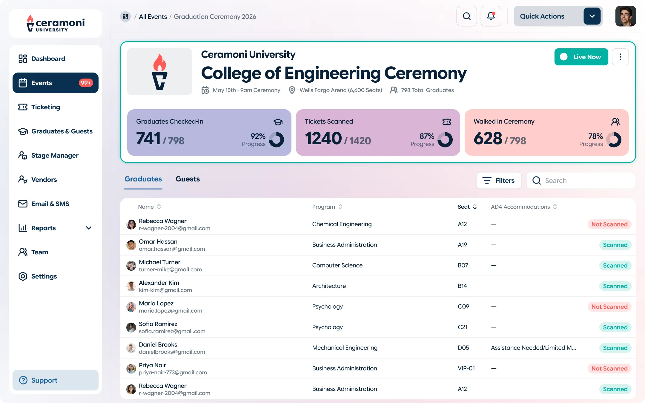 Ceramoni University College of Engineering Ceremony dashboard showing event details, graduate check-in progress, ticket scans, and a list of graduates with program, seat, ADA accommodations, and scan status.