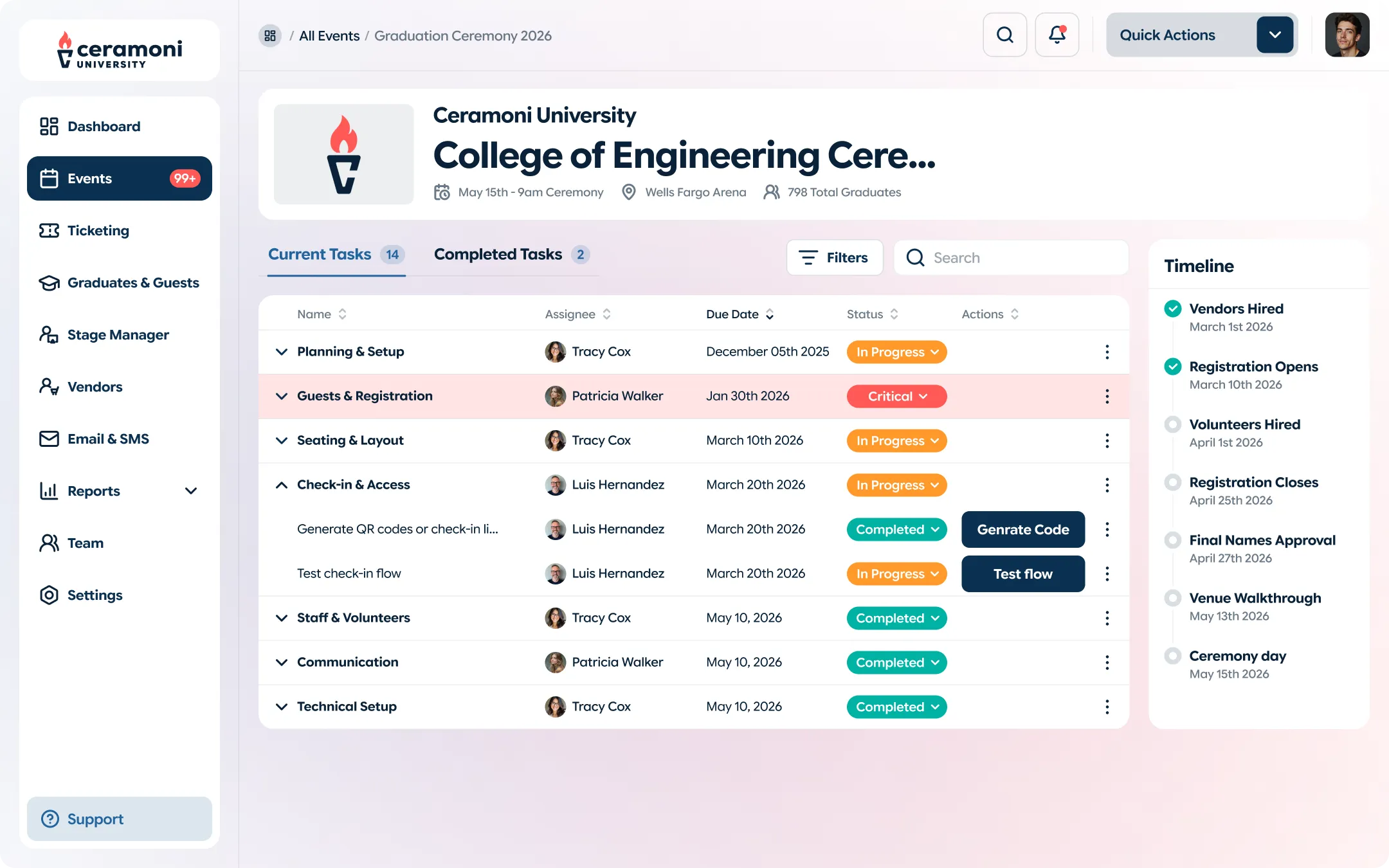 Ceramoni University event dashboard for College of Engineering Graduation Ceremony 2026 showing current and completed tasks with assignees, due dates, status, and a timeline of event milestones.