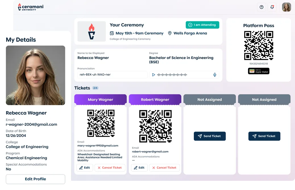 User profile and ceremony ticket dashboard for Rebecca Wagner showing personal details, ceremony info at Wells Fargo Arena, QR code platform pass, and tickets for Mary and Robert Wagner with ADA accommodations.