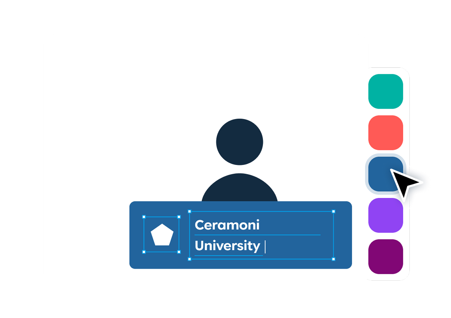 Graphic of user profile card with placeholder avatar, name 'John Doe,' title 'Graduate,' with a color palette and a cursor selecting a blue color.