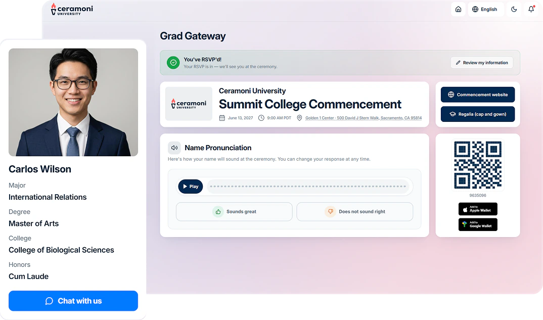 User profile and ceremony ticket dashboard for Rebecca Wagner showing personal details, ceremony info at Wells Fargo Arena, QR code platform pass, and tickets for Mary and Robert Wagner with ADA accommodations.