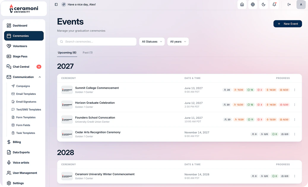 Ceramoni University event dashboard for College of Engineering Graduation Ceremony 2026 showing current and completed tasks with assignees, due dates, status, and a timeline of event milestones.