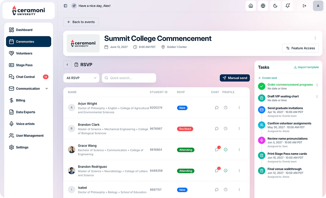 Ceramoni University College of Engineering Ceremony dashboard showing event details, graduate check-in progress, ticket scans, and a list of graduates with program, seat, ADA accommodations, and scan status.