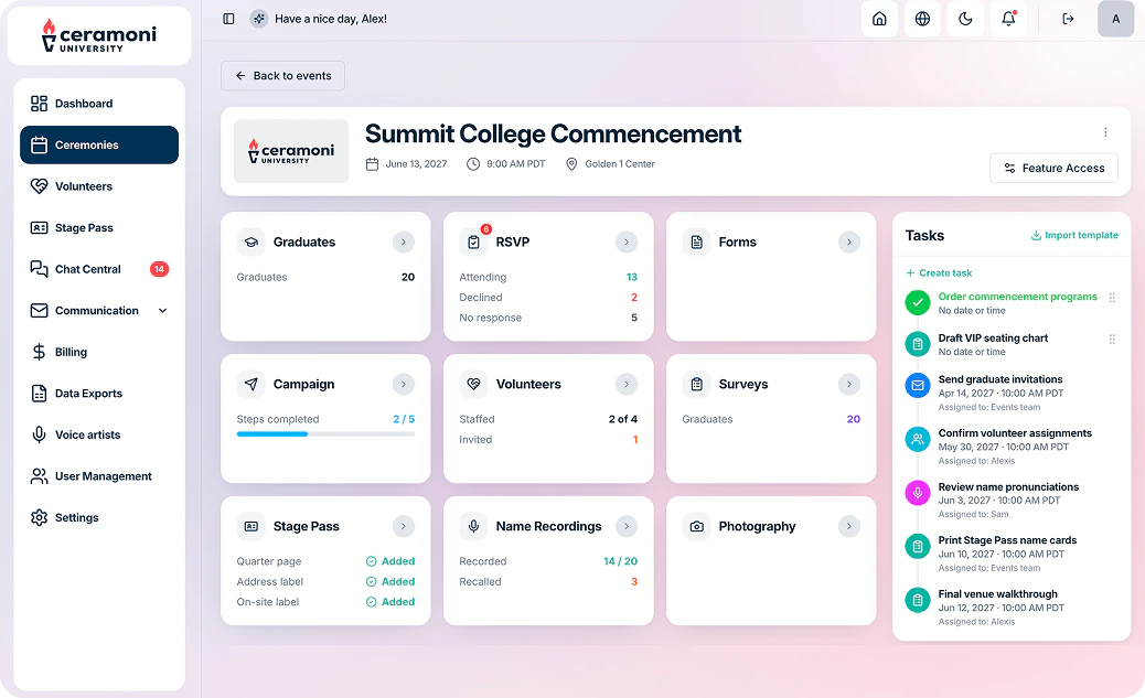 Ceramoni University event dashboard showing the 'Upload Graduates List' task with a file upload area and a list of 14 graduates including names, programs, and seat assignments.