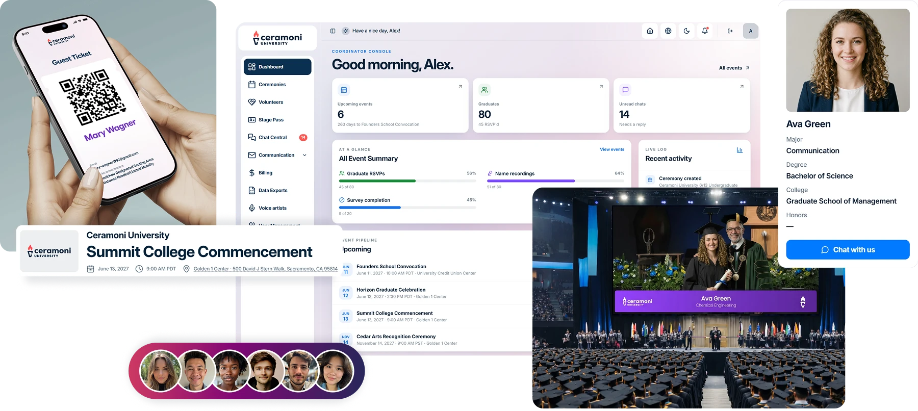 Graduation event management dashboard showing ceremony details, guest ticket on phone, attendee profile, and a large graduation ceremony with audience.