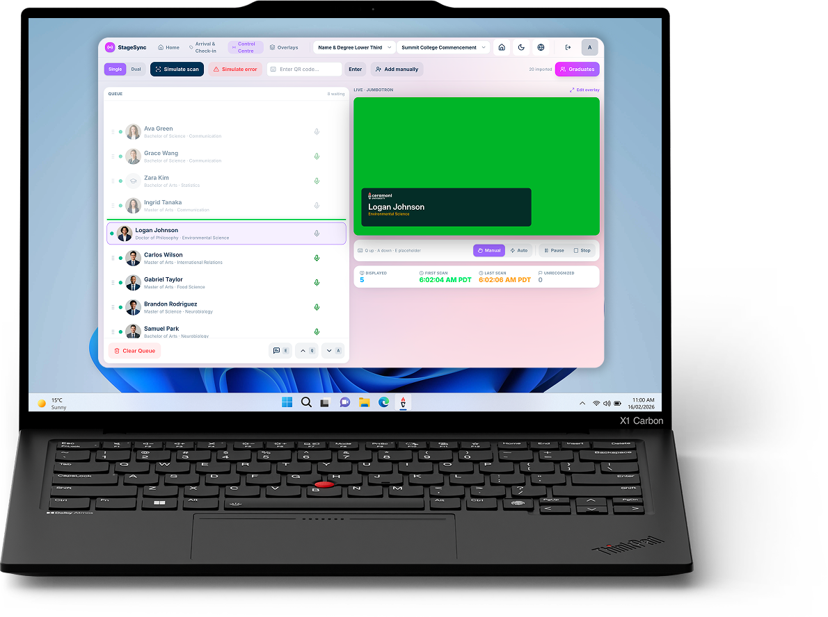 Lenovo ThinkPad X1 Carbon laptop displaying a Windows application named Stage Manager with a list of graduates and a highlighted entry for Rebecca Wagner.