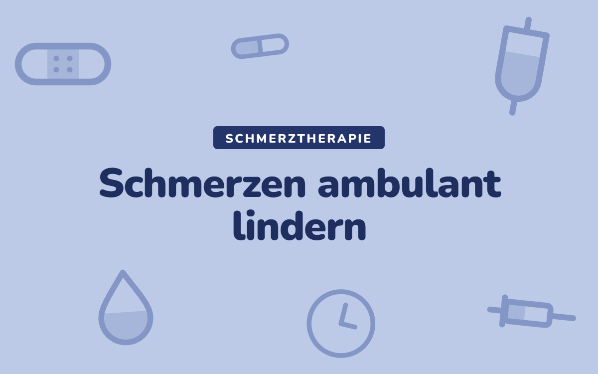 Illustration zur ambulanten Schmerztherapie mit Pflaster, Infusionsbeutel, Kapsel und Spritze, Text: Schmerzen ambulant lindern