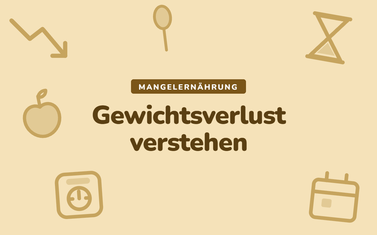 Illustration zum Thema Mangelernährung mit fallender Gewichtskurve, Personenwaage, Sanduhr und Apfel, Text: Gewichtsverlust verstehen
