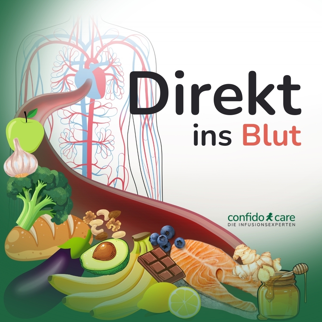 Podcast-Cover Direkt ins Blut mit Illustration von Blutgefäß und Lebensmitteln