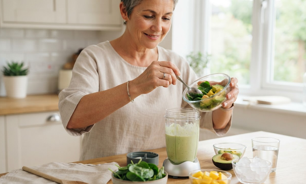 Frau bereitet frischen Smoothie zur nährstoffreichen Ernährung bei Chemotherapie zu