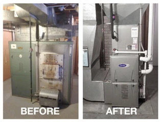 Before and after: an old furnace replaced with a new high-efficiency Carrier furnace, labeled "Before" and "After"