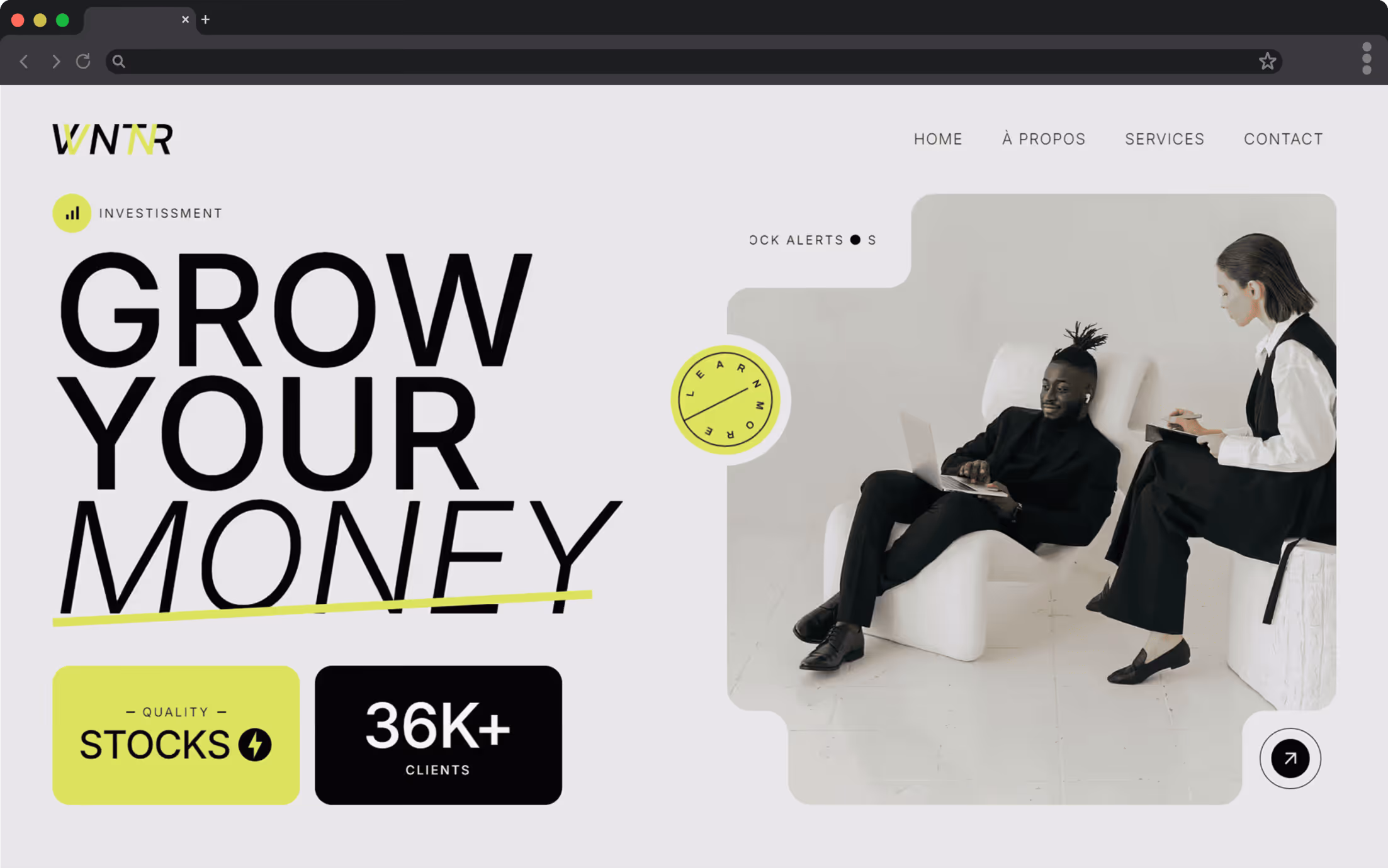 Website homepage with headline 'Grow Your Money' and two people discussing while one works on a laptop.