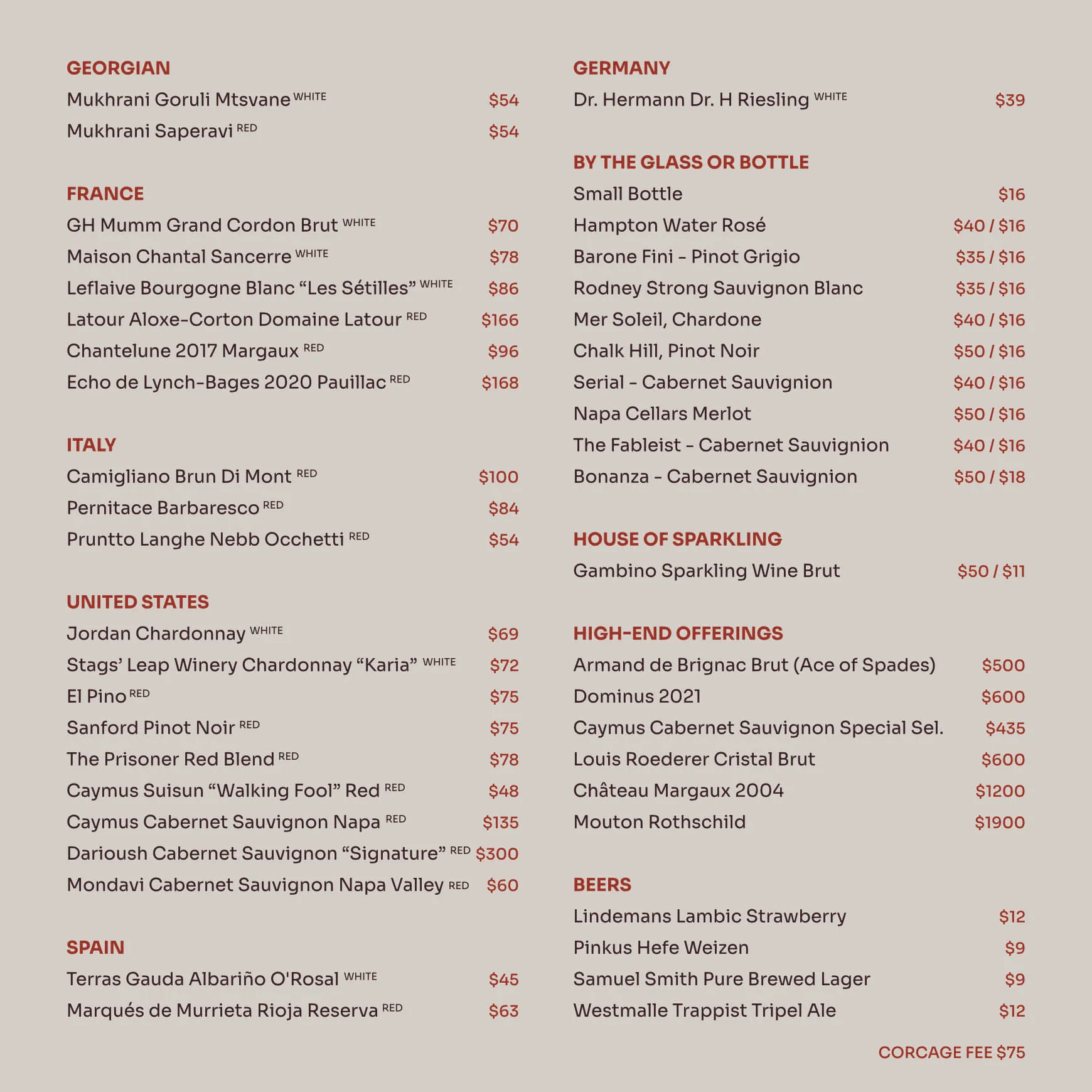Wine and beer menu featuring Georgian, French, German, and Spanish wines, sparkling wines by the glass or bottle, high-end offerings, house sparkling, and beers with prices.