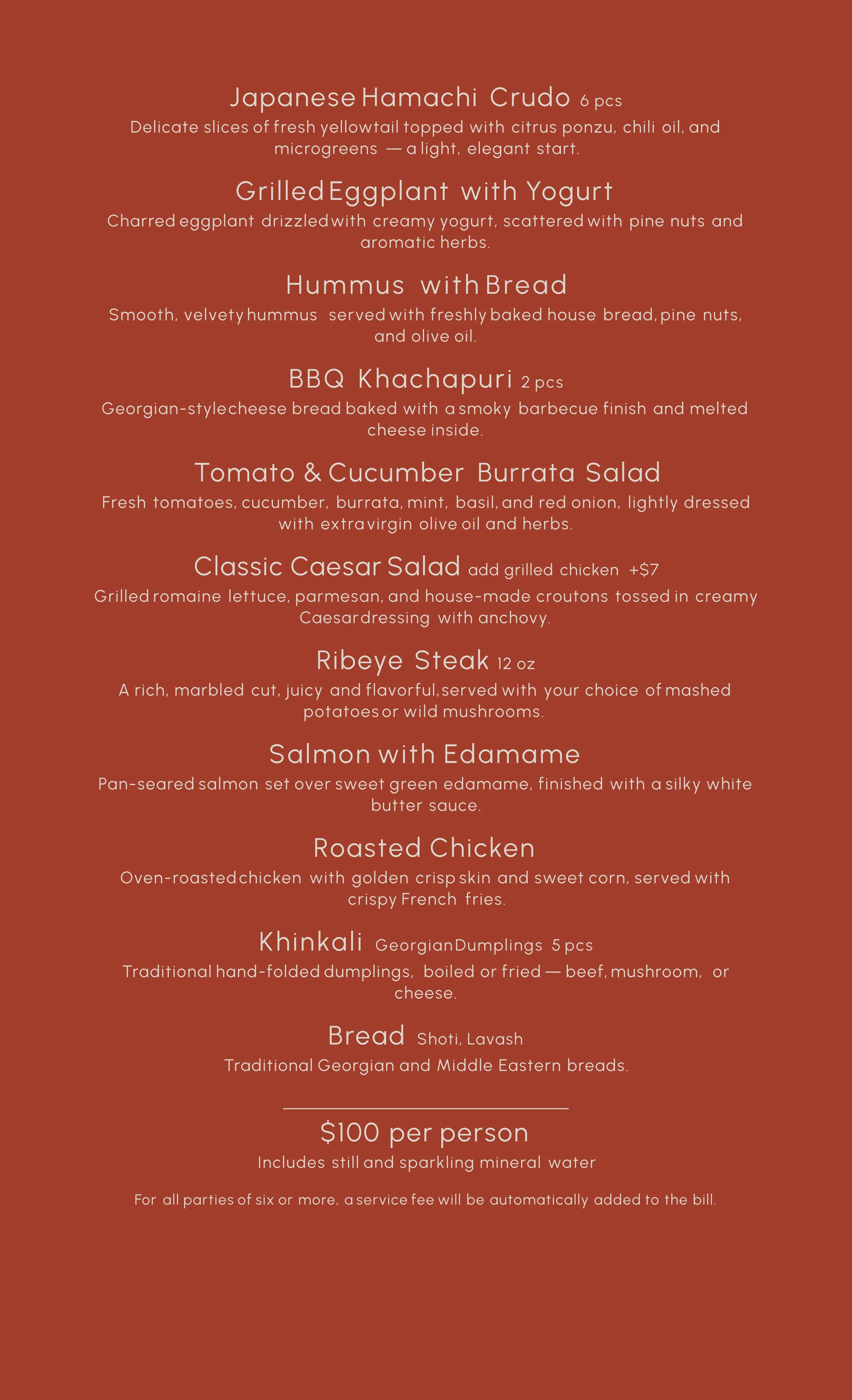 Menu listing Japanese Hamachi Crudo, Grilled Eggplant with Yogurt, Hummus with Bread, BBQ Khachapuri, Tomato & Cucumber Burrata Salad, Classic Caesar Salad, Ribeye Steak, Salmon with Asparagus, Carolina Rice with Shrimp, Khinkali Georgian Dumplings, and Bread with descriptions, on a red background.