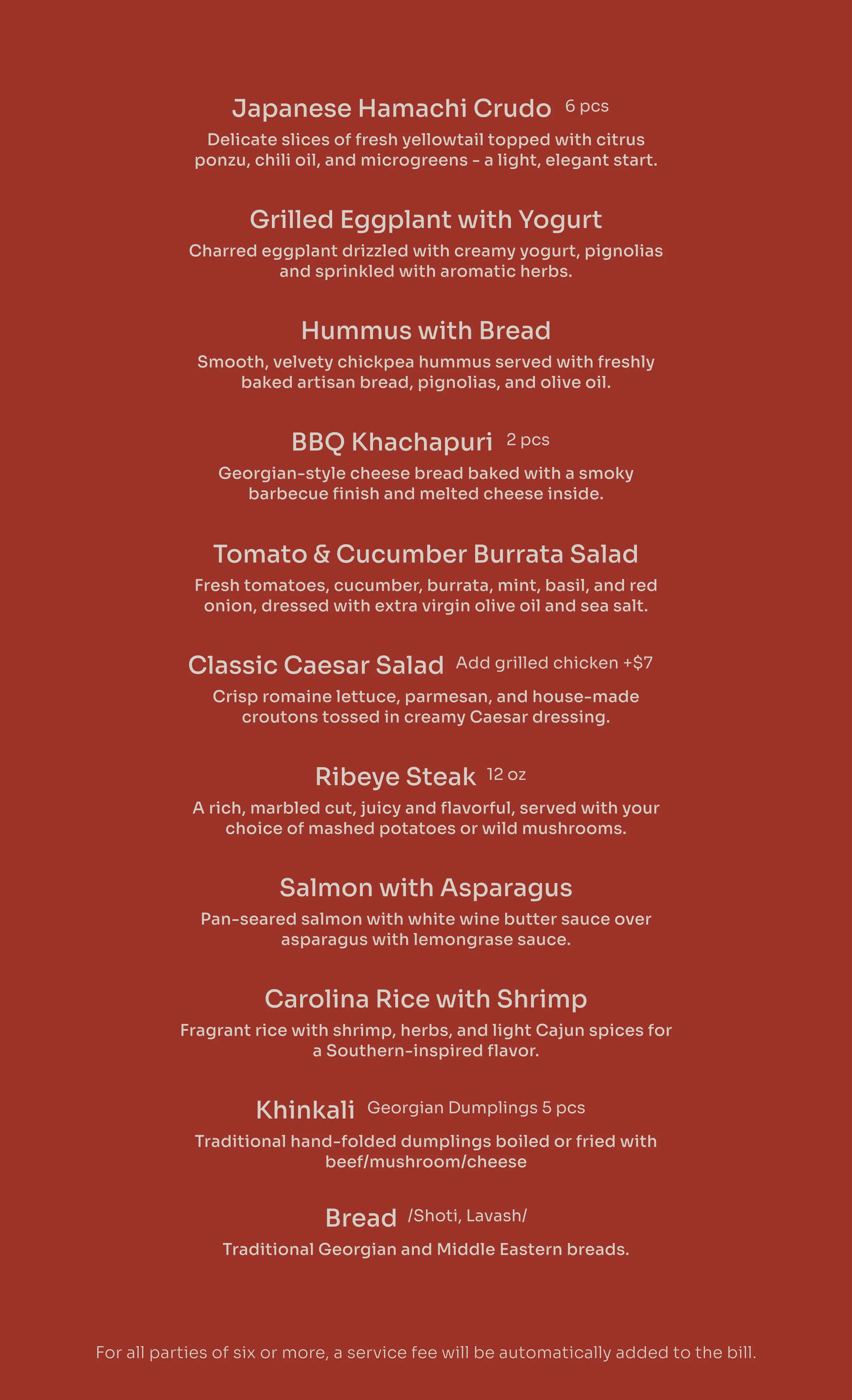 Menu listing Japanese Hamachi Crudo, Grilled Eggplant with Yogurt, Hummus with Bread, BBQ Khachapuri, Tomato & Cucumber Burrata Salad, Classic Caesar Salad, Ribeye Steak, Salmon with Asparagus, Carolina Rice with Shrimp, Khinkali Georgian Dumplings, and Bread with descriptions, on a red background.