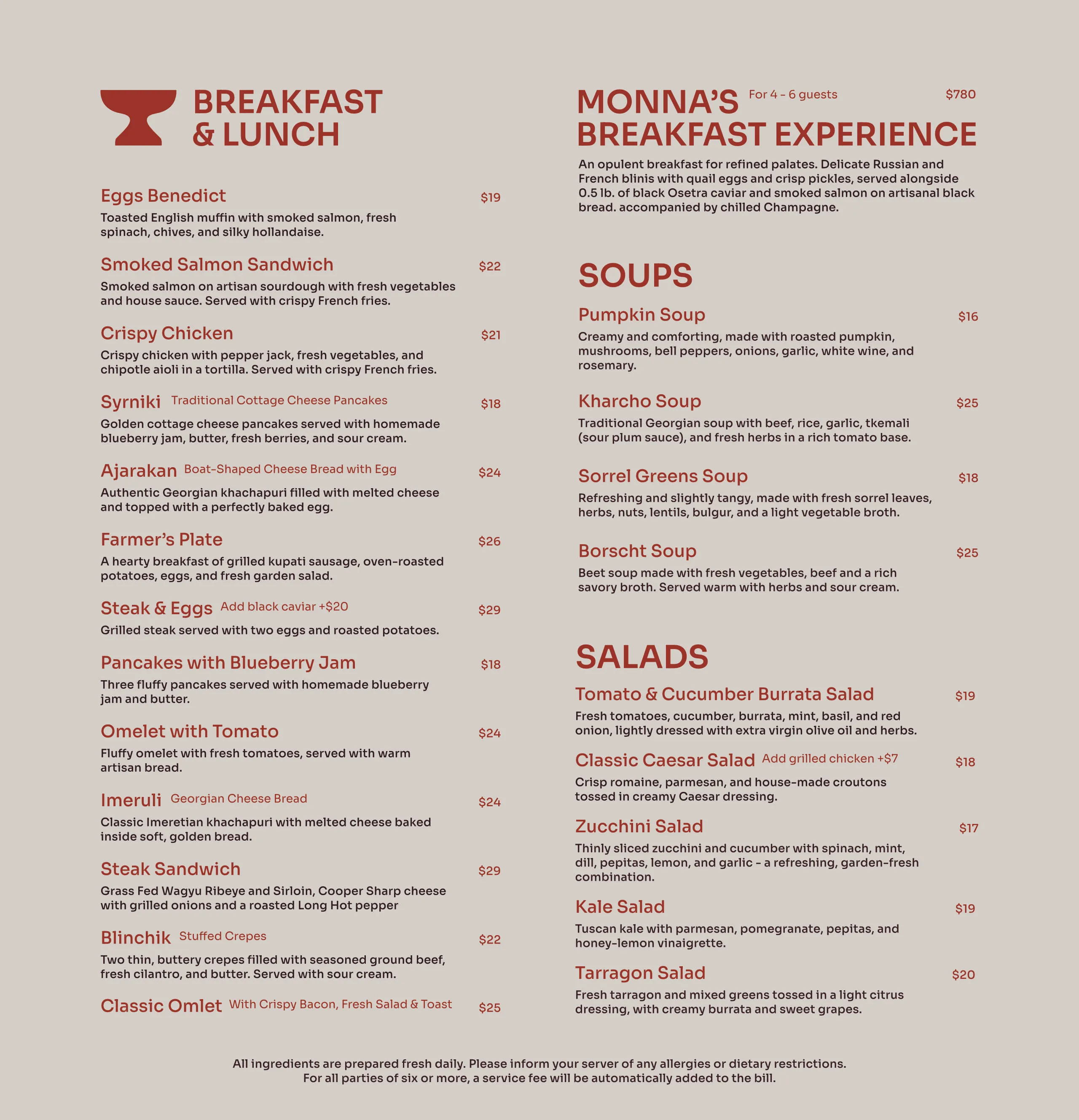 Breakfast and lunch menu listing dishes like Eggs Benedict, Smoked Salmon Sandwich, various sandwiches, pancakes, salads, and Monna’s Breakfast Experience with descriptions and prices.
