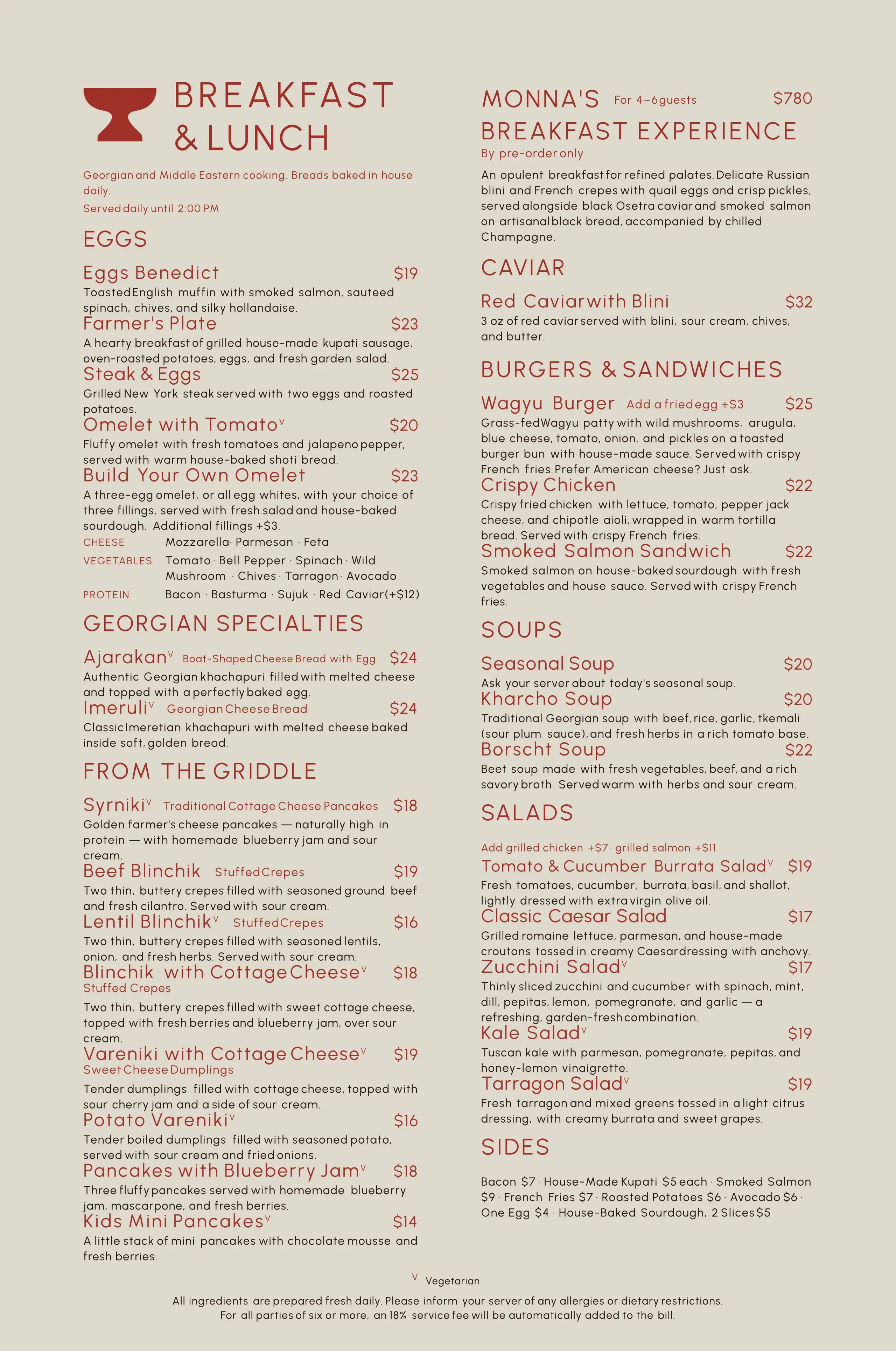 Breakfast and lunch menu listing dishes like Eggs Benedict, Smoked Salmon Sandwich, various sandwiches, pancakes, salads, and Monna’s Breakfast Experience with descriptions and prices.