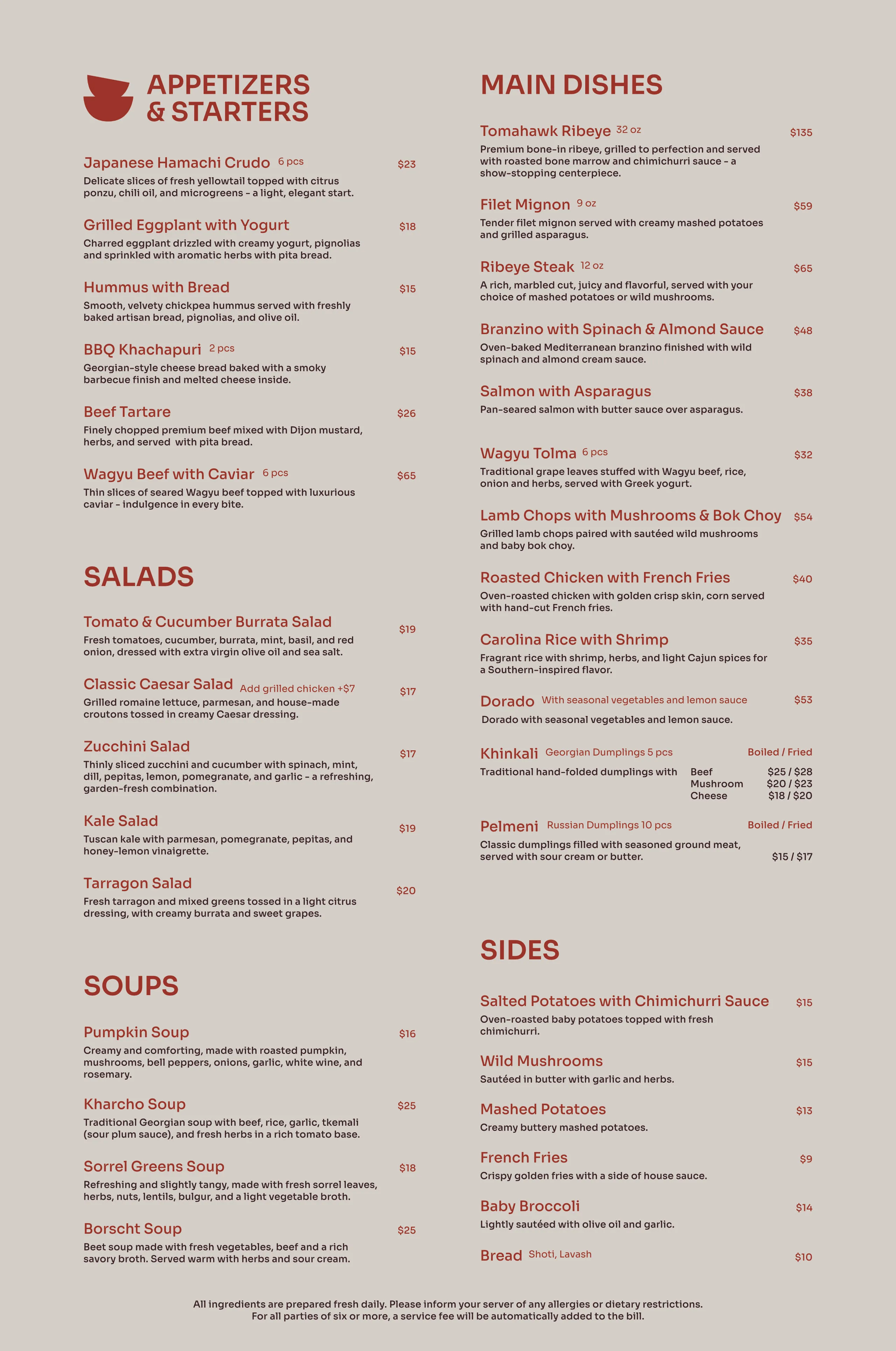 Restaurant menu displaying sections for appetizers and starters, salads, soups, main dishes, and sides with detailed dish descriptions and prices.