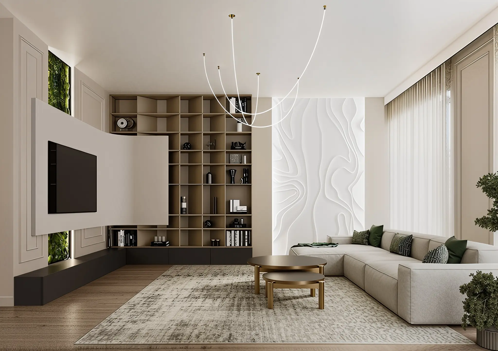 Modern living room with a beige sectional sofa, round gold coffee tables, textured white feature wall, and built-in shelving.