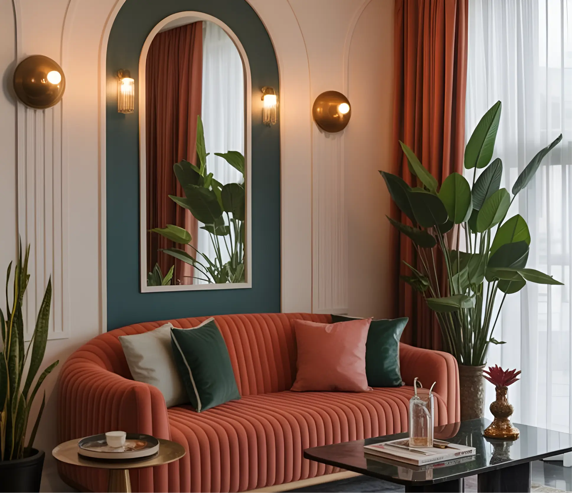 Eklektisches Wohnzimmer mit Terrakotta-Sofa und Bogenspiegel – Interior Design Berlin Studio Menash