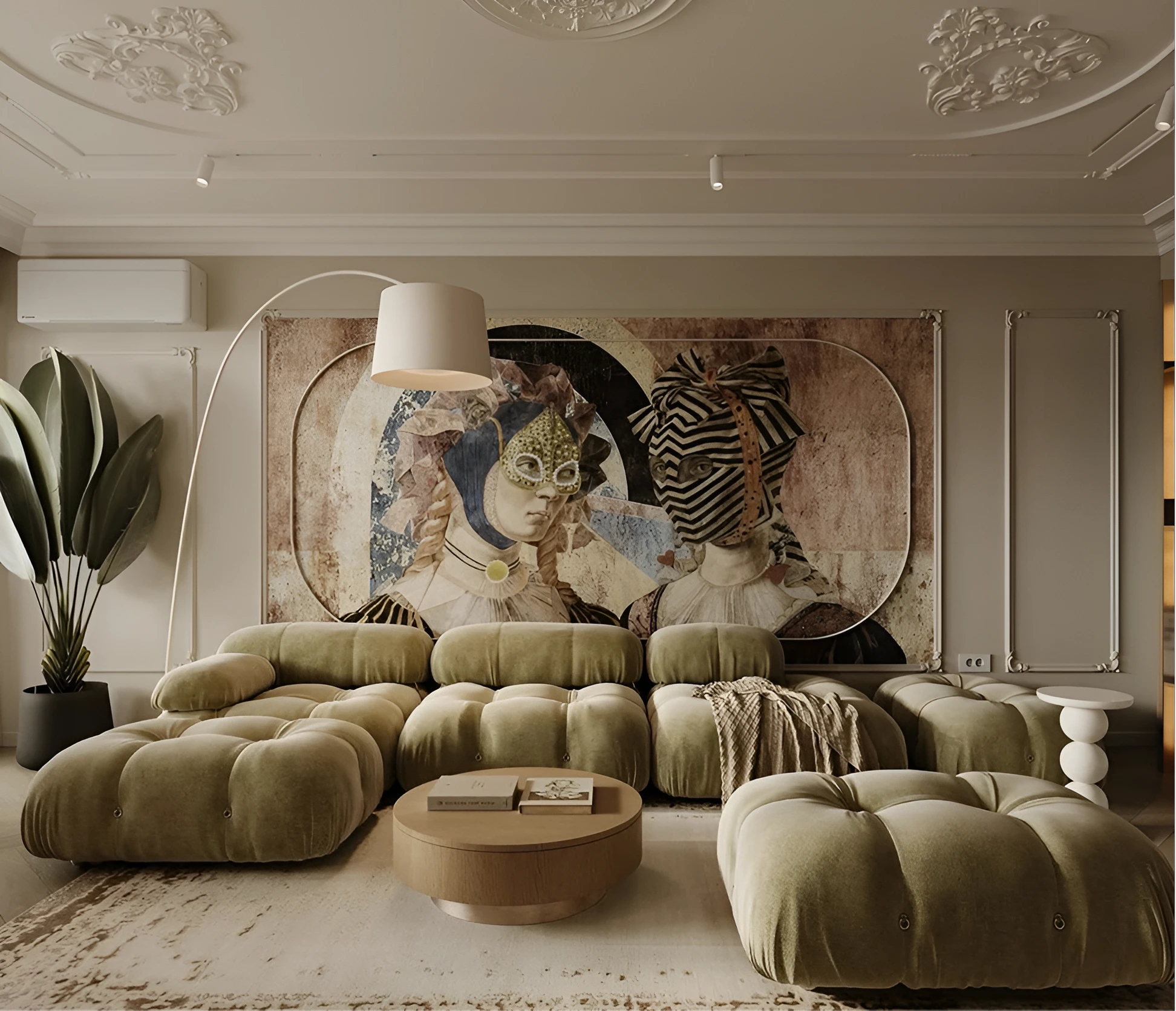 Eklektisches Wohnzimmer mit grünem Samtsofa und großformatigem Kunstwerk – Interior Design Berlin Studio Menash
