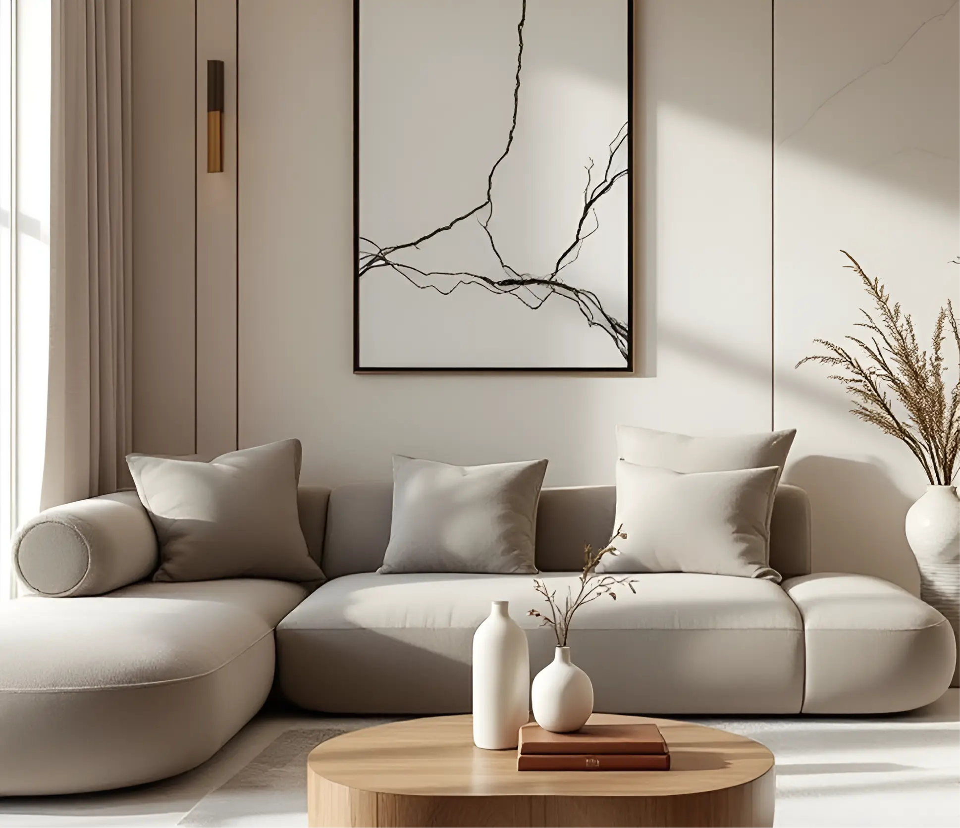 Minimalistisches Wohnzimmer mit hellem Sofa und Holztisch – Interior Design Berlin Studio Menash