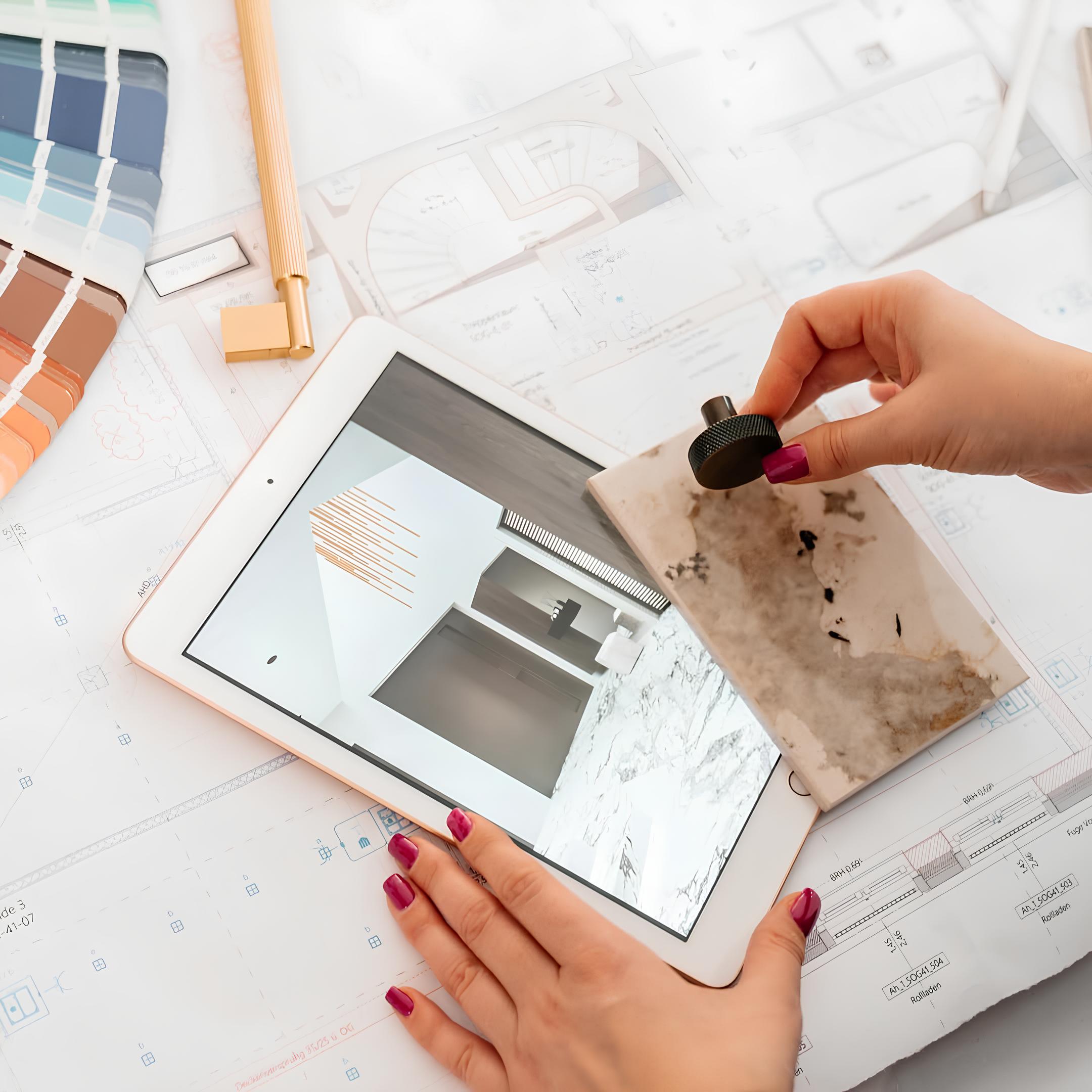 Hands holding a tablet showing an interior design and a stone tile sample over architectural blueprints.
