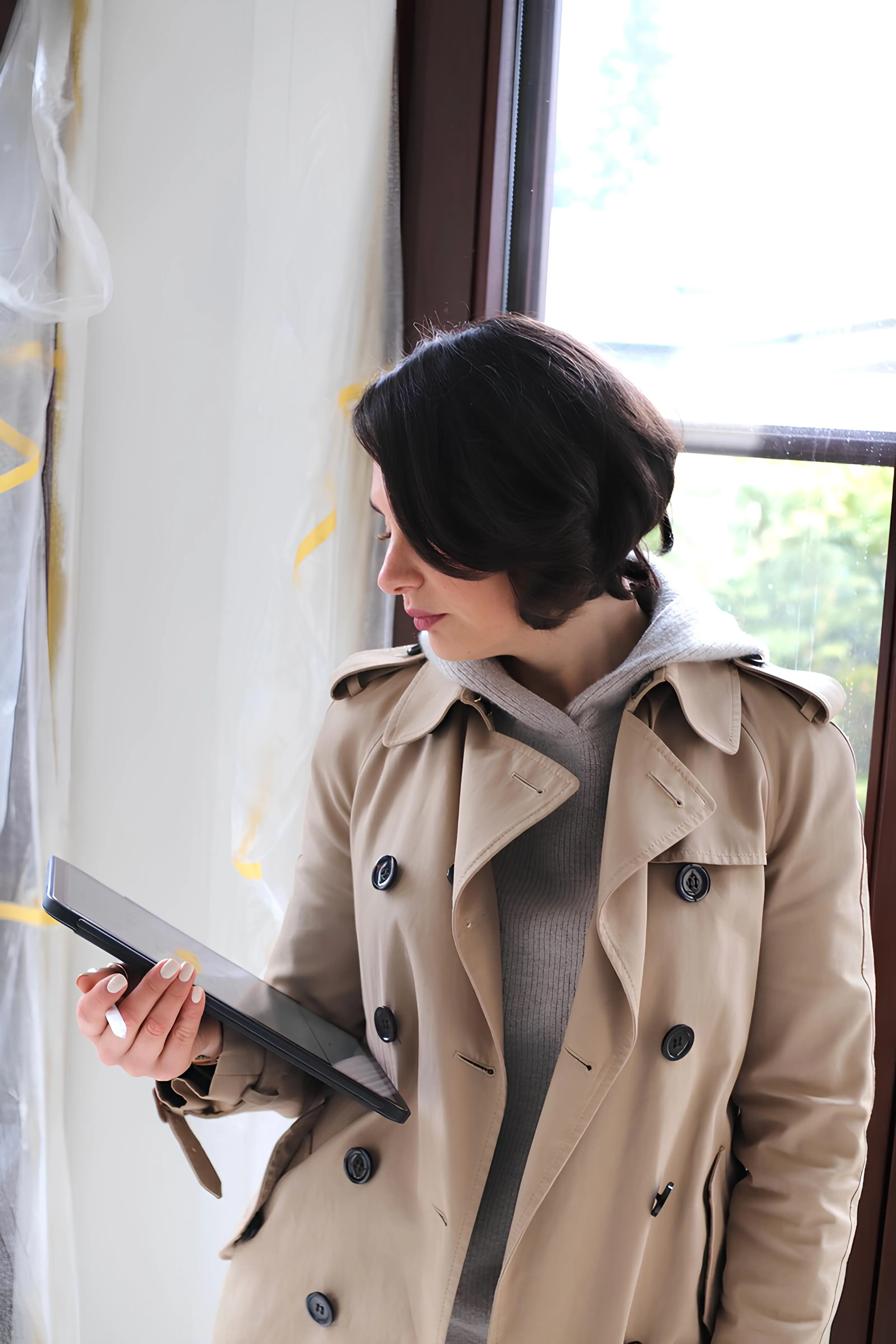 Woman in beige trench coat and gray hoodie looking at a tablet near a window.