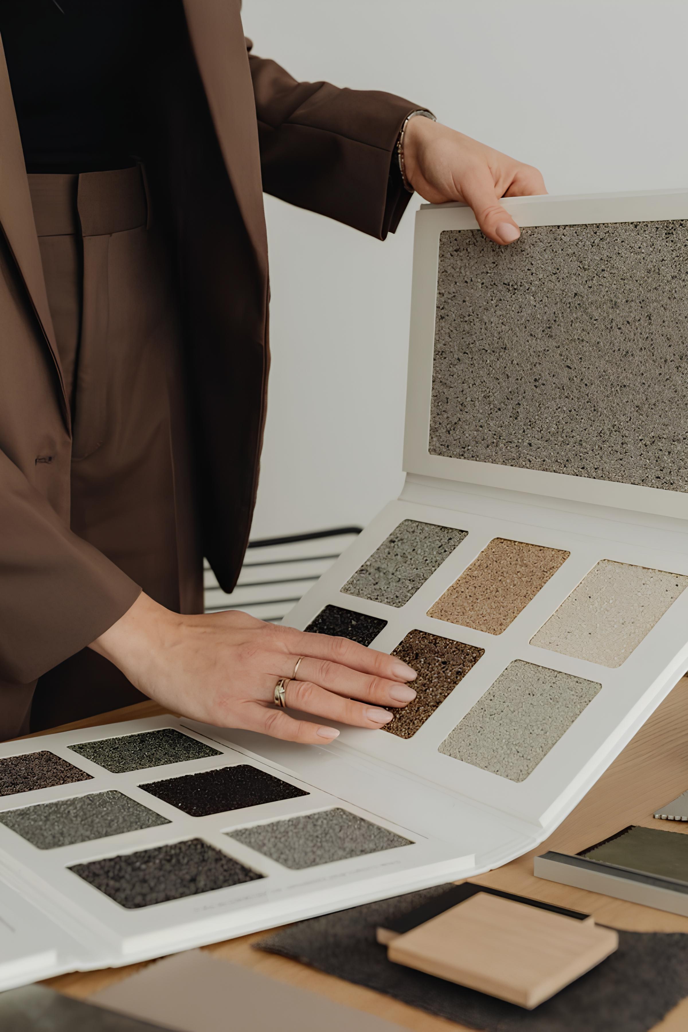 Person in brown suit browsing textured stone color samples on a table.