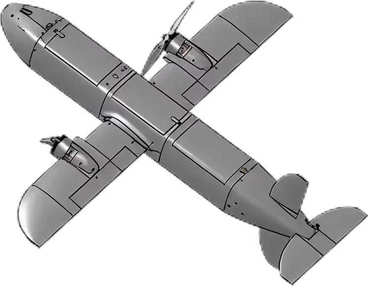 Gray twin-engine propeller drone viewed from above at an angle with detailed panel lines.