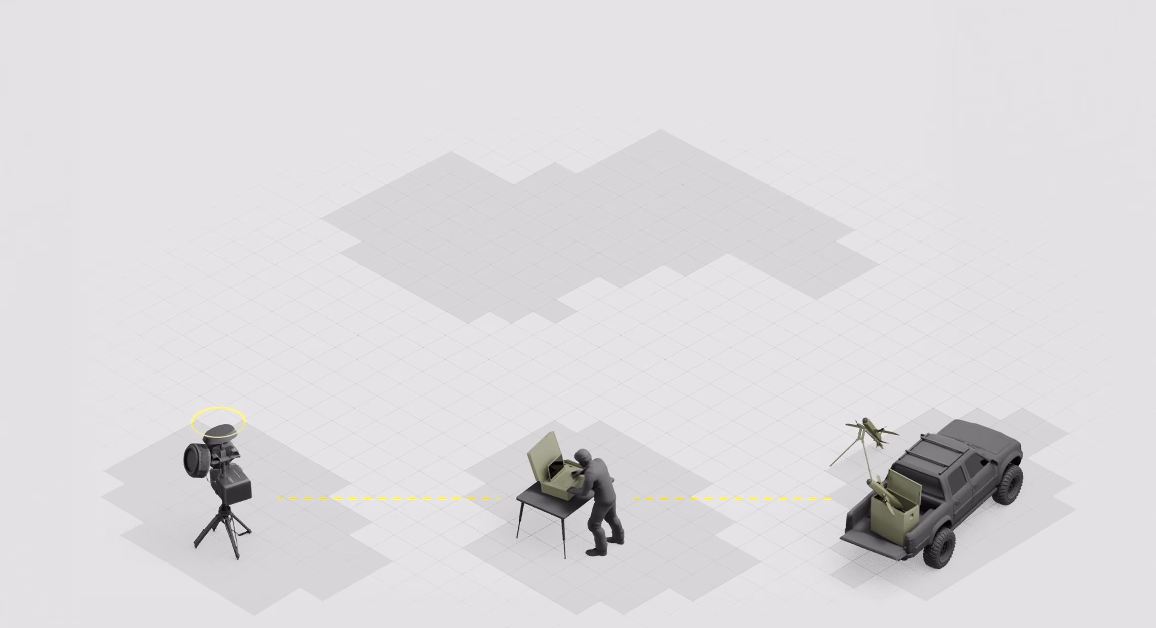 Diagram showing a communication link between a tripod-mounted radar system, a soldier working on a laptop, and a missile launcher on a pickup truck.