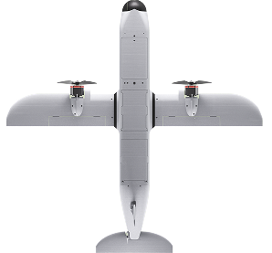 Top view of a gray twin-engine drone with propellers on each wing.